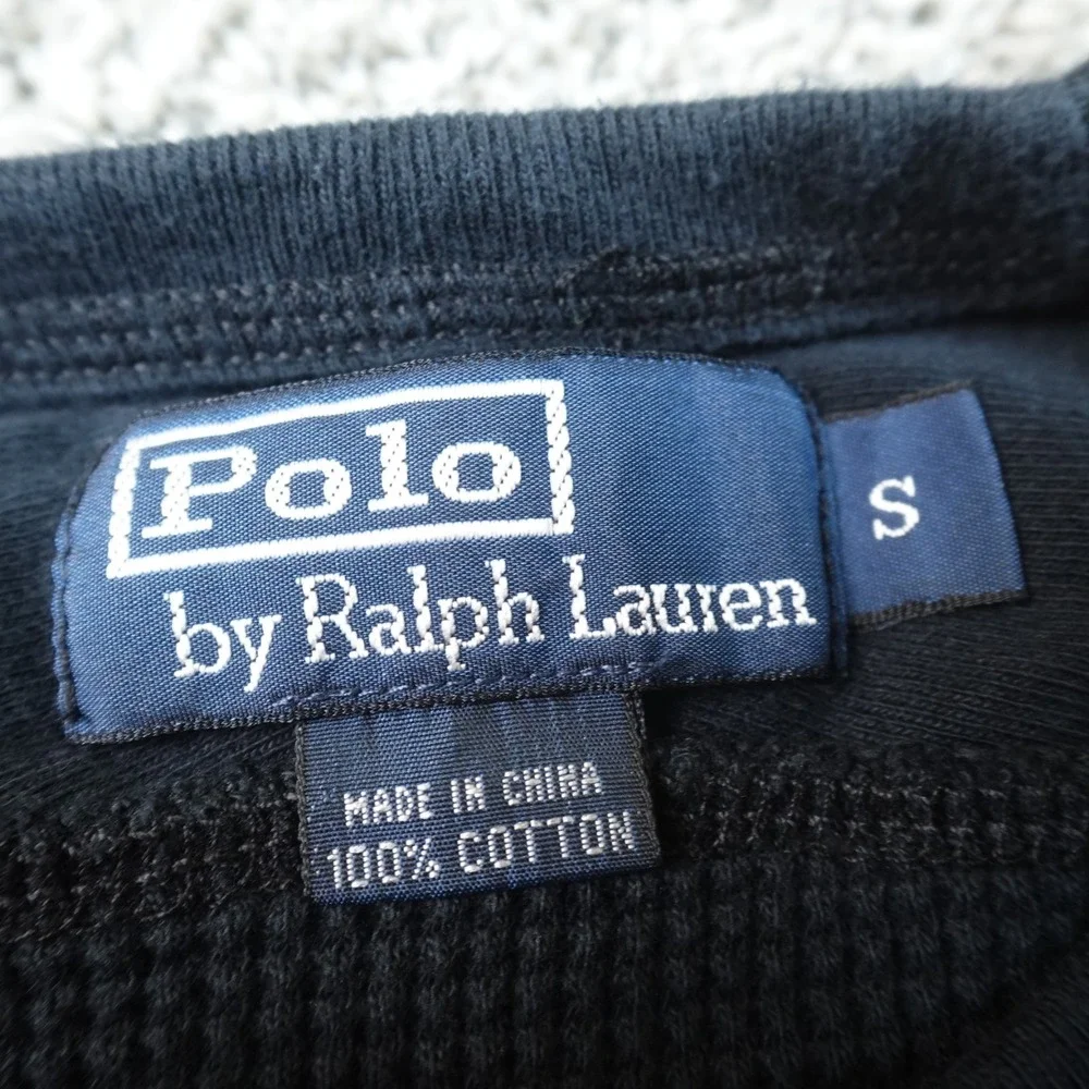 VTG Polo Ralph Lauren Sweater Mens S Black Waffle Knit Crewneck Thermal Pullover